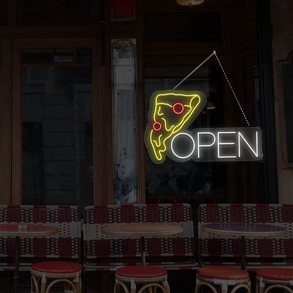white pizza open neon sign hanging on a window