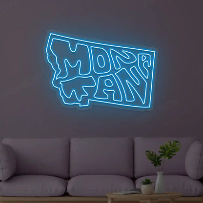 MONTANA Map Neon Sign lighting up in iceblue color in a room