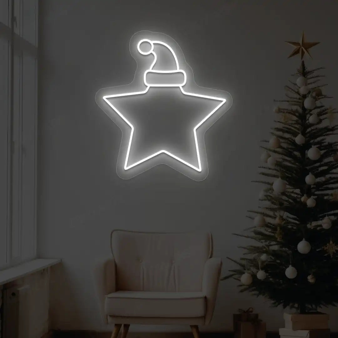 Santa Hat On Star Neon Sign | White