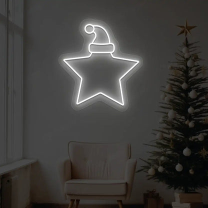 Santa Hat On Star Neon Sign | White