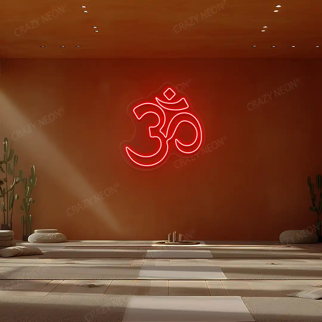 Om Symbol Neon Sign lighting up in red color in a yoga room