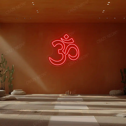 Om Symbol Neon Sign lighting up in red color in a yoga room
