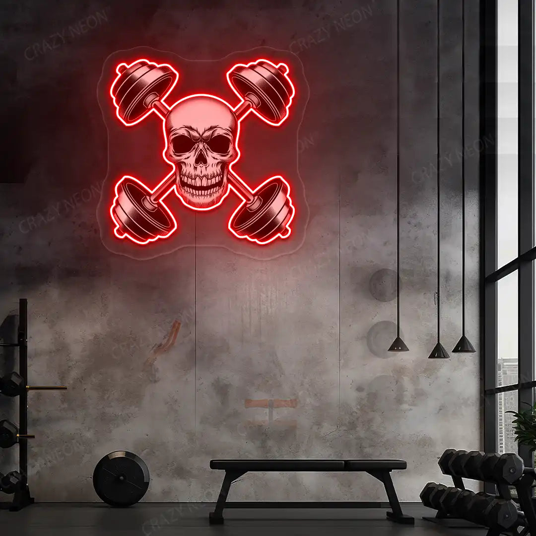 red skull cross dumbbell gym neon artwork mounted on a wall