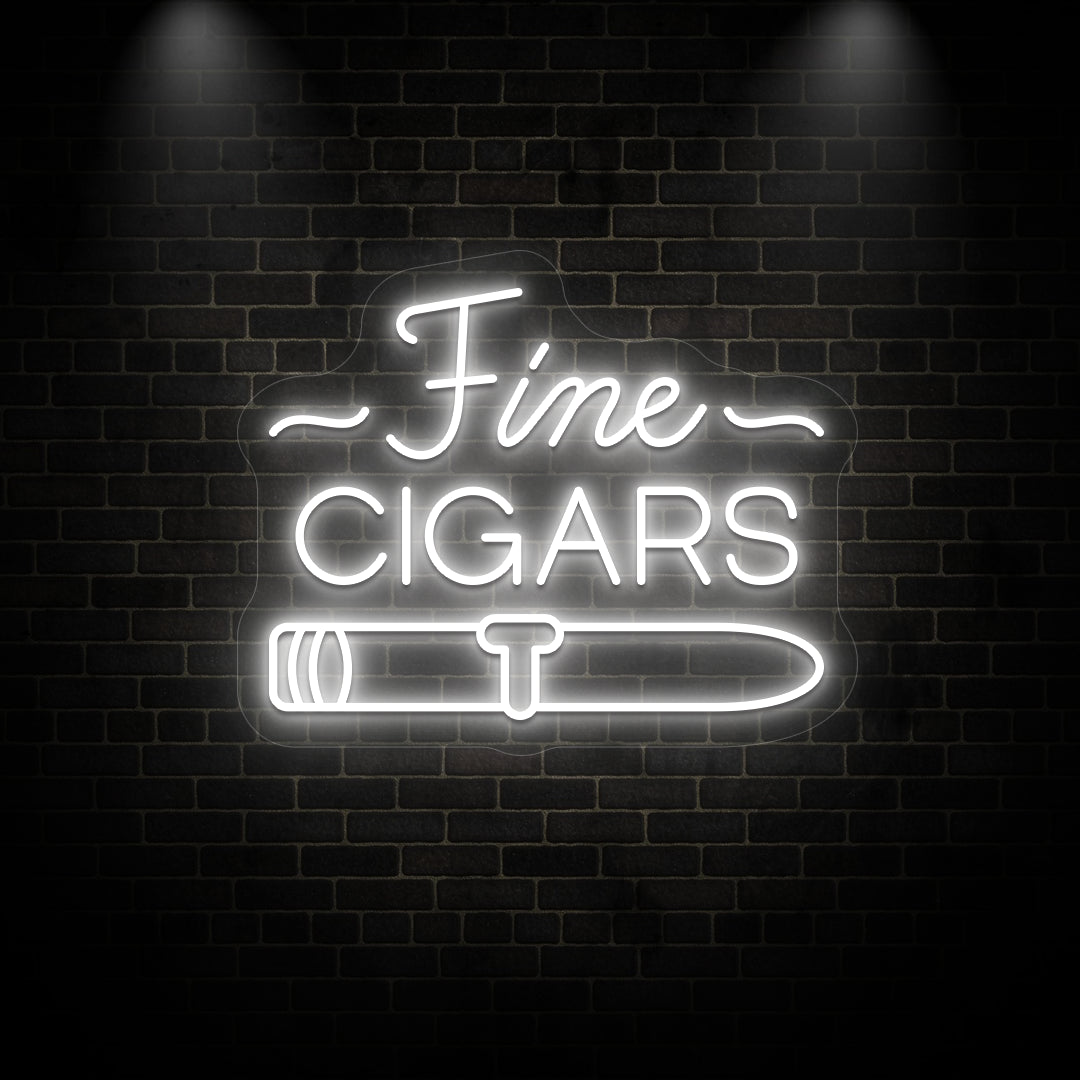 white Fine cigars retro bar vintage neon sign mounted on a wall