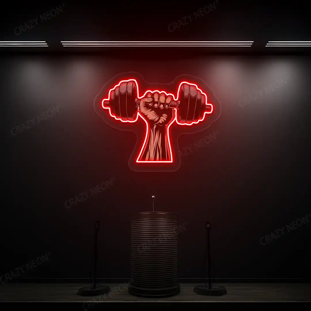red hand lifting dumbbell gym neon artwork mounted on a wall