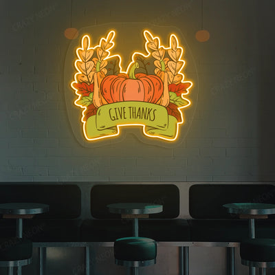 Pumpkin harvest give thanks neon sign in orange