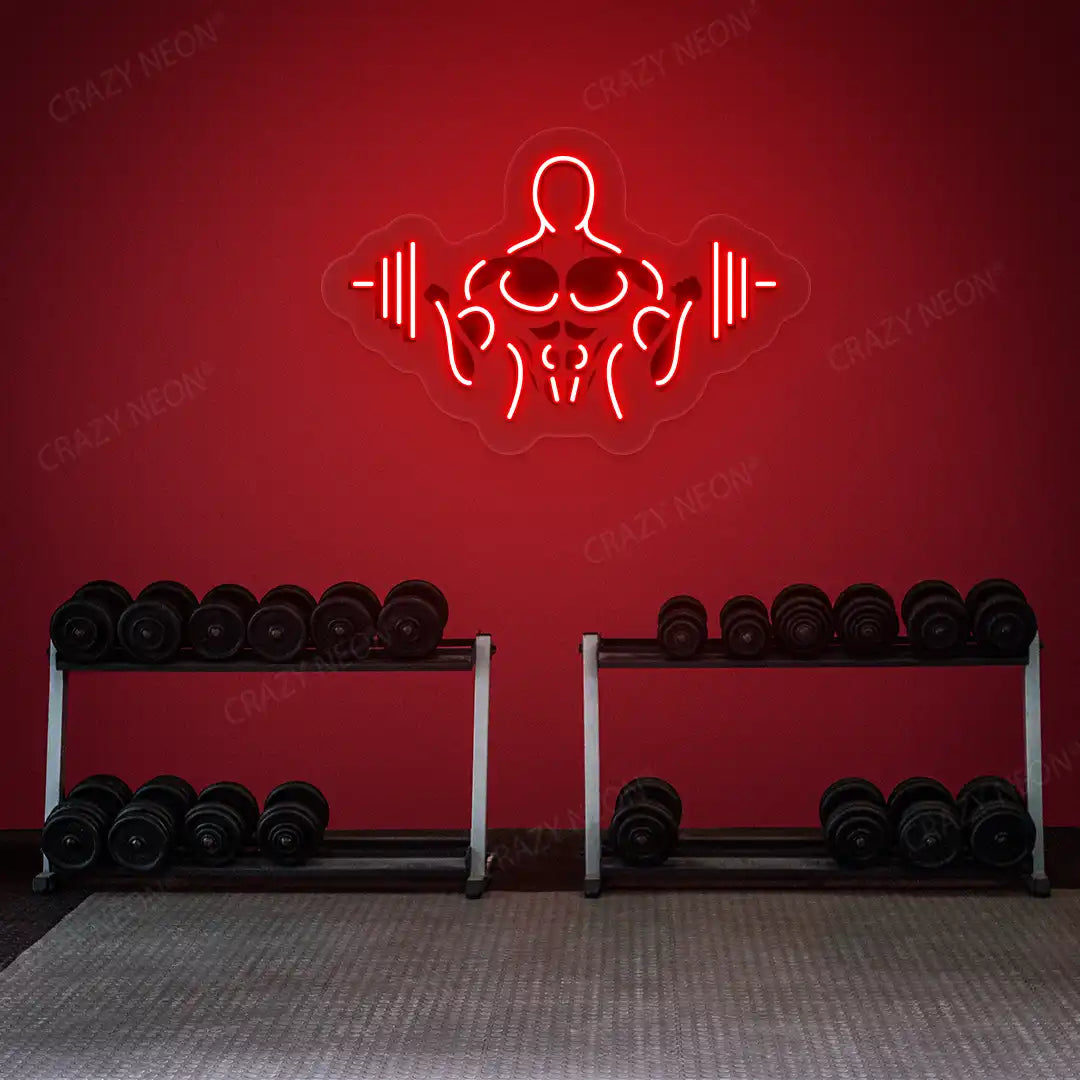 red gymer outline neon artwork mounted on a wall