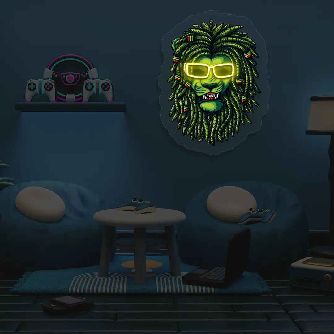 Lion Green Dreadlocks Neon Artwork in yellow color