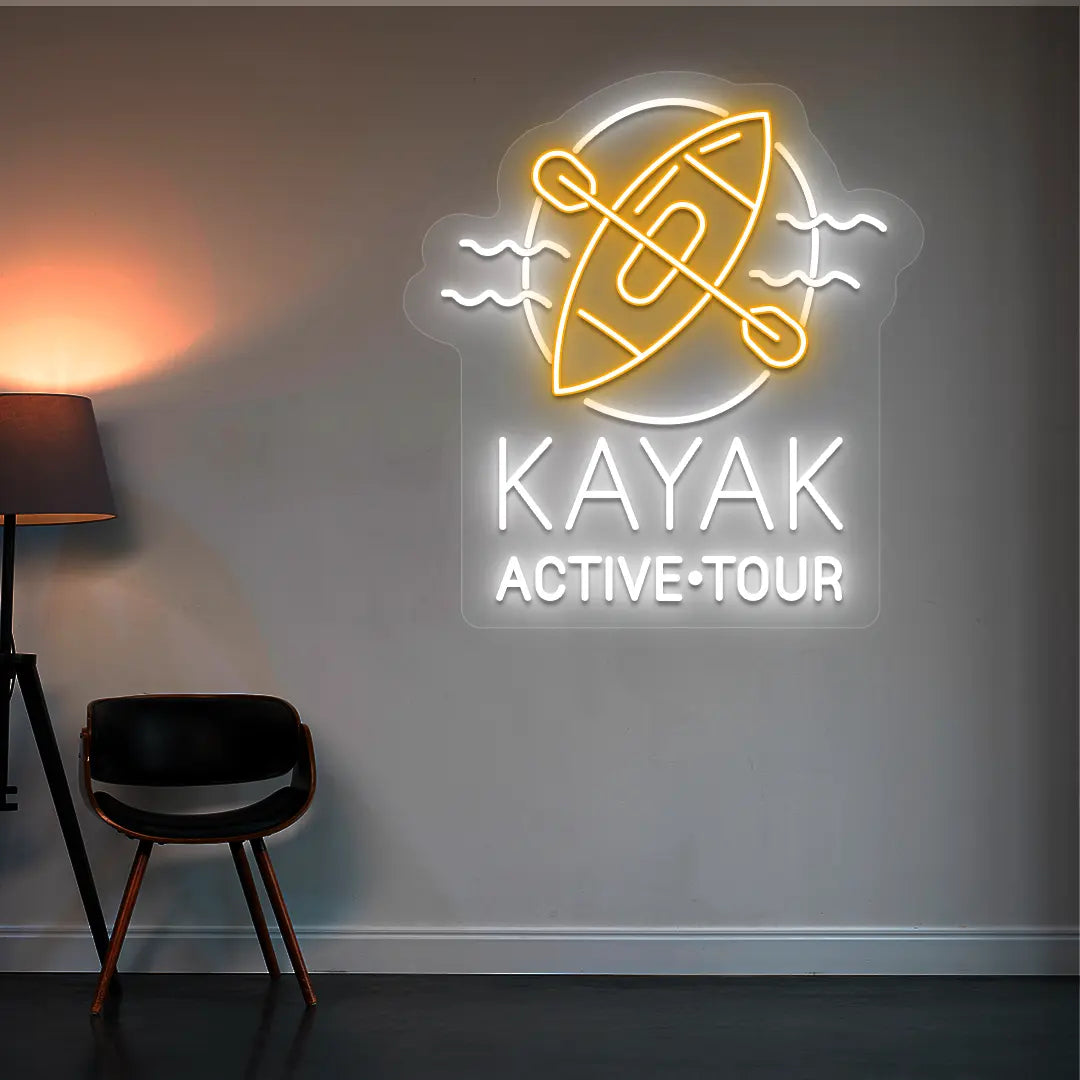 orange and white kayak active tour neon sign mounted on a wall