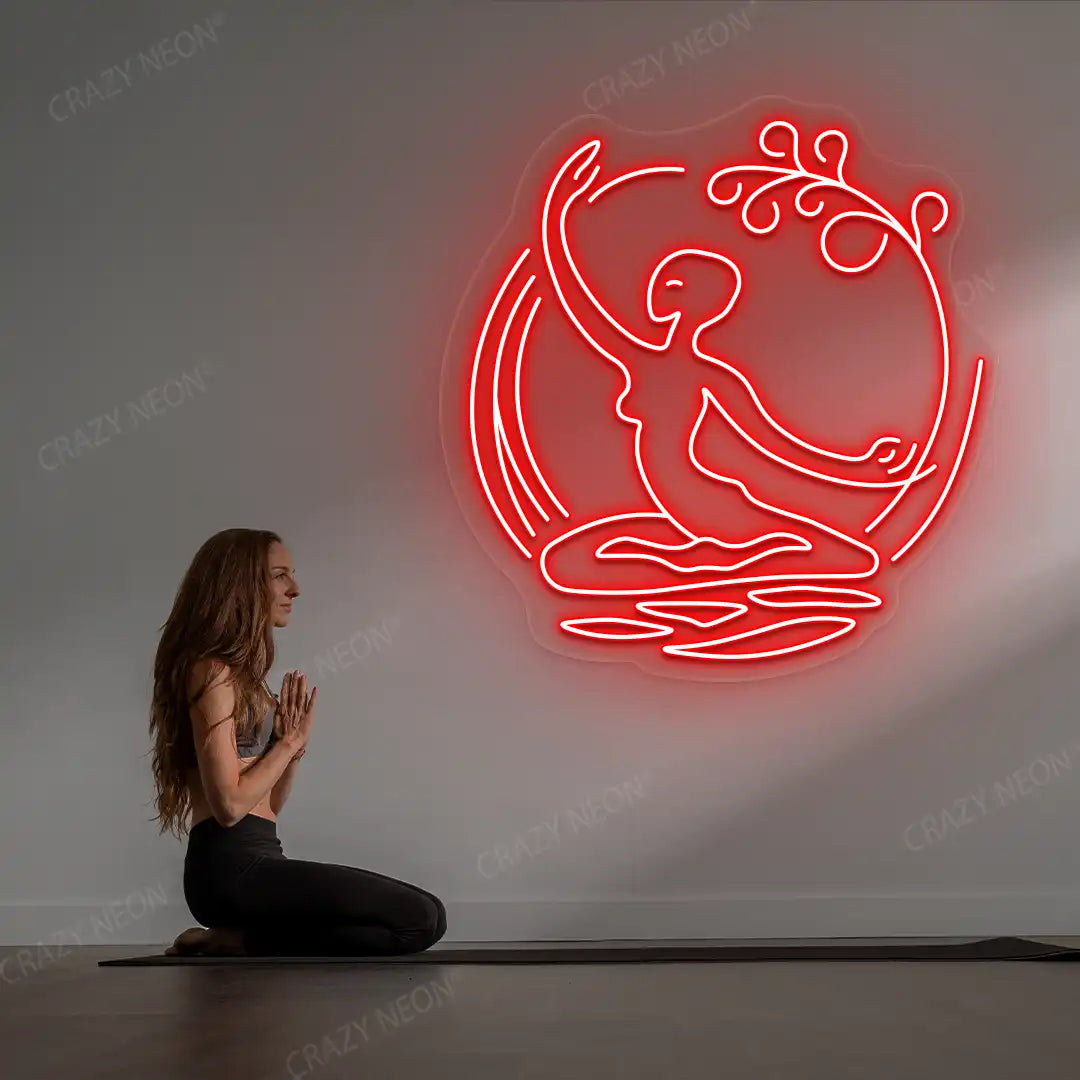 Chi Flow meditation Neon Sign lighting up in red color in a yoga room