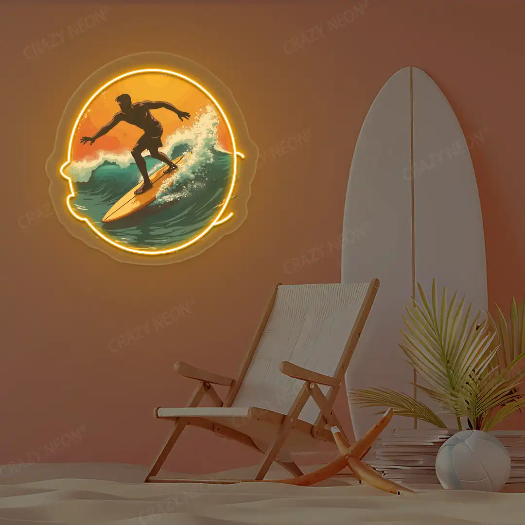 orange surfer catching wave neon artwork mounted on a wall