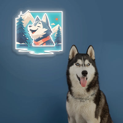Alpine Lake Husky Portrait Neon Artwork in White color