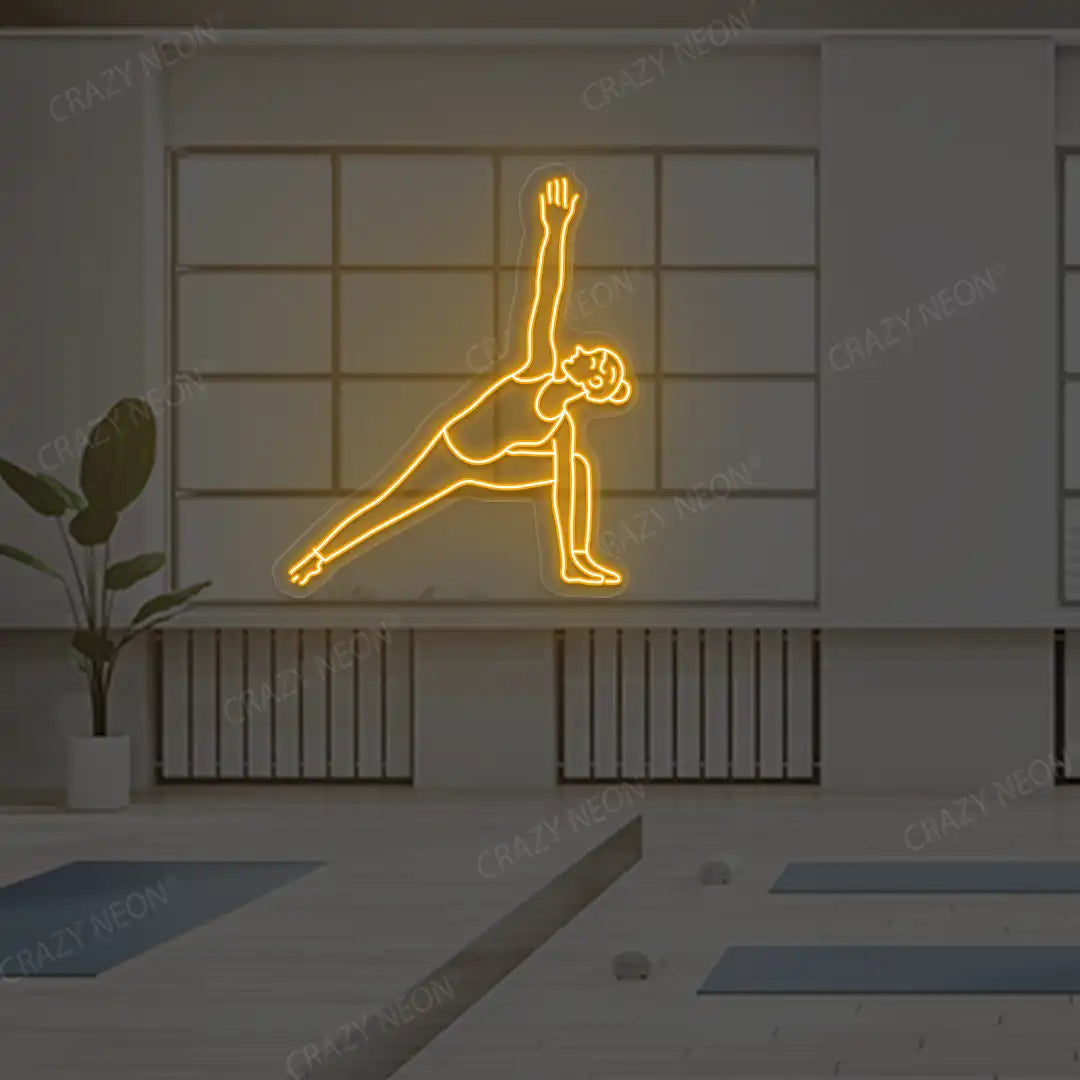 Utthita Parsvakonasana Yoga Neon Sign lighting up in orange color in a yoga room