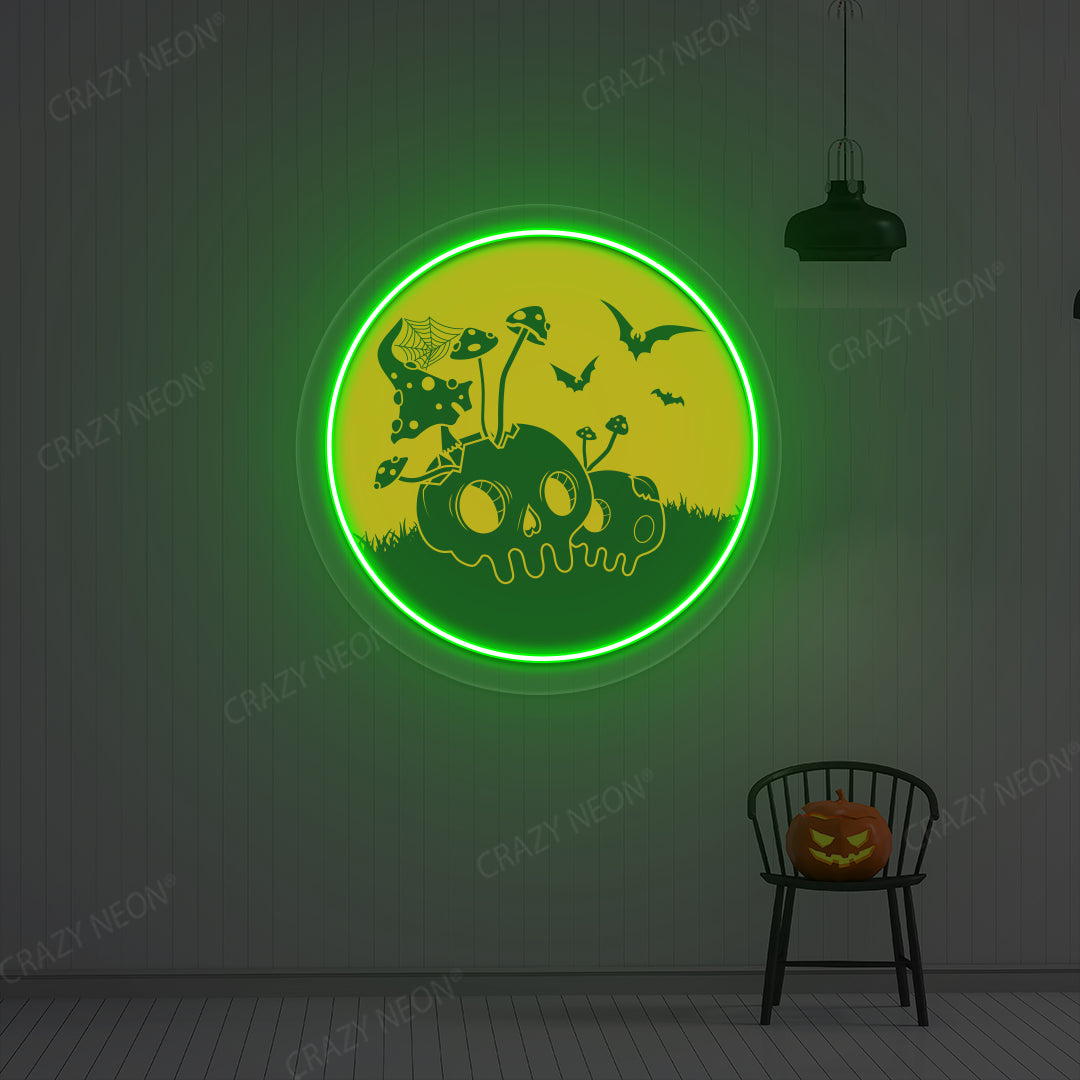 Haunted Mushroom Skulls Neon Artwork | Green