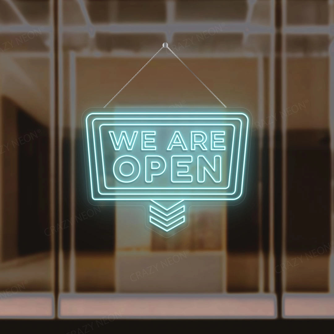 We Are Open Sign with downward Arrow | Iceblue