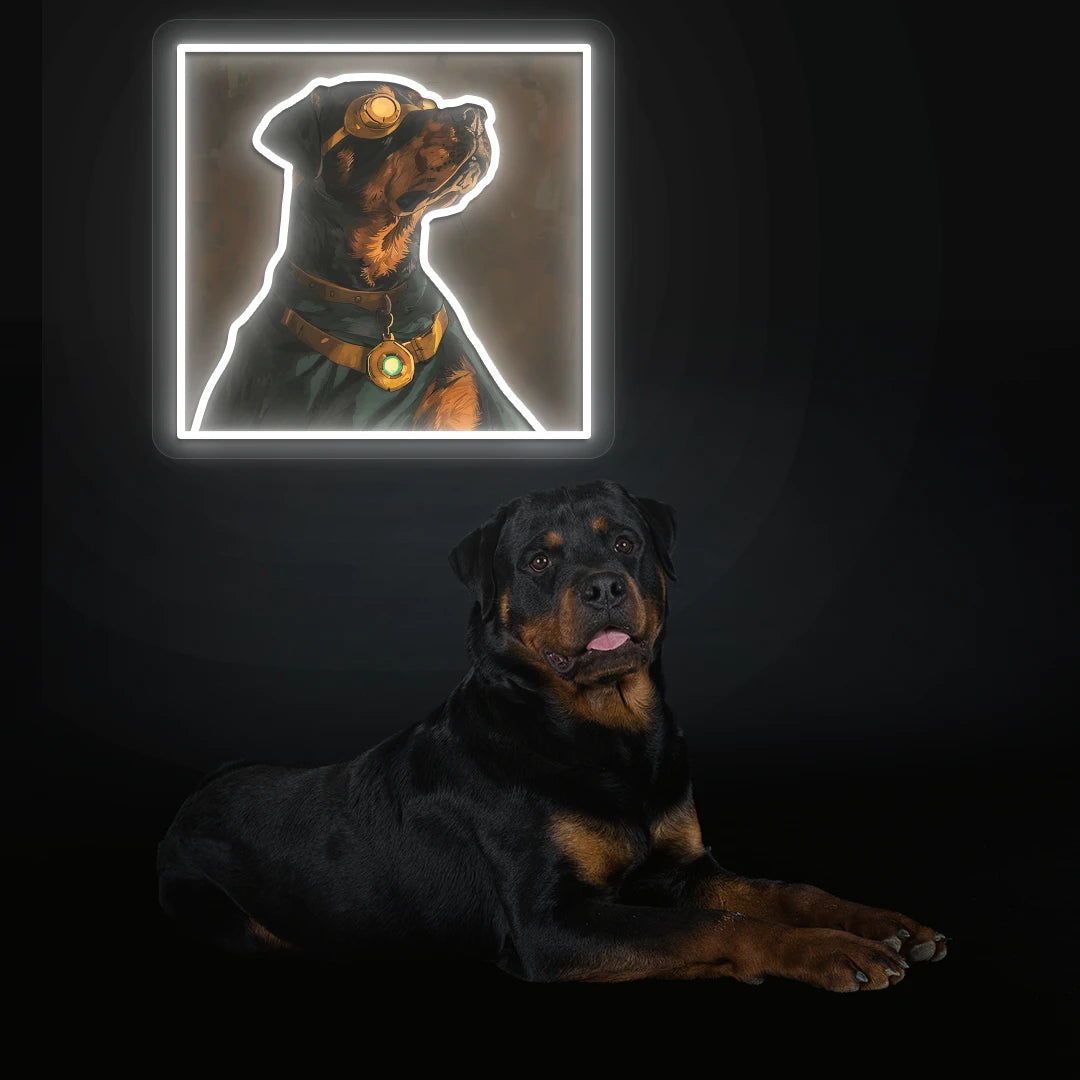 Steampunk Guardian Rottweiler Neon Artwork in White color