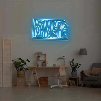 KANSAS Map Neon Sign lighting up in iceblue color in a room