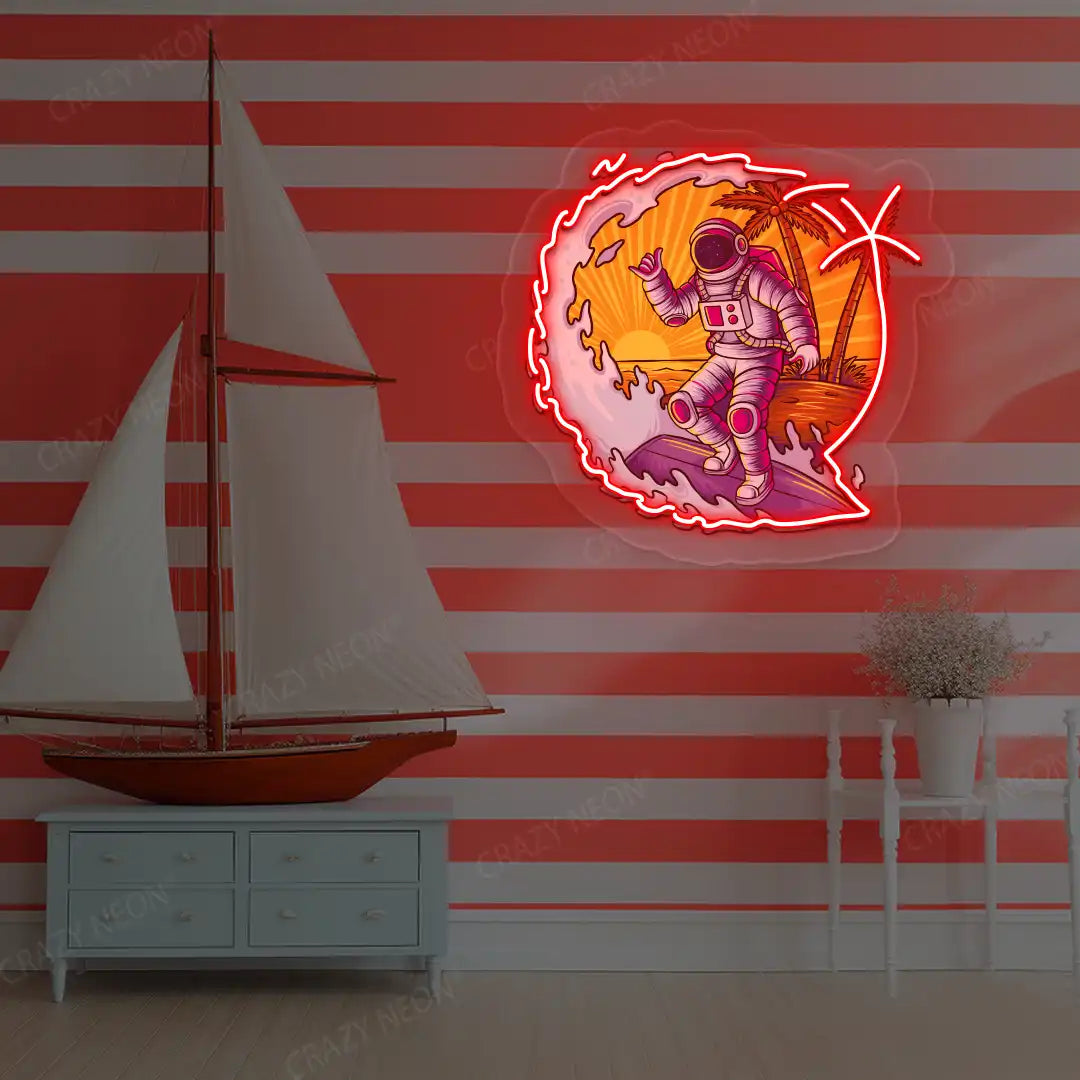 red astronaut surfing neon artwork mounted on a wall