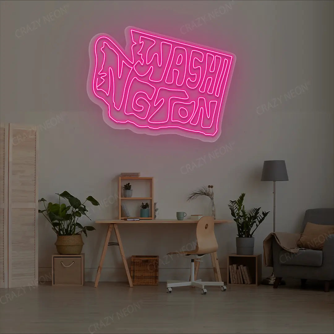 WASHINGTON Map Neon Sign lighting up in pink color in a room