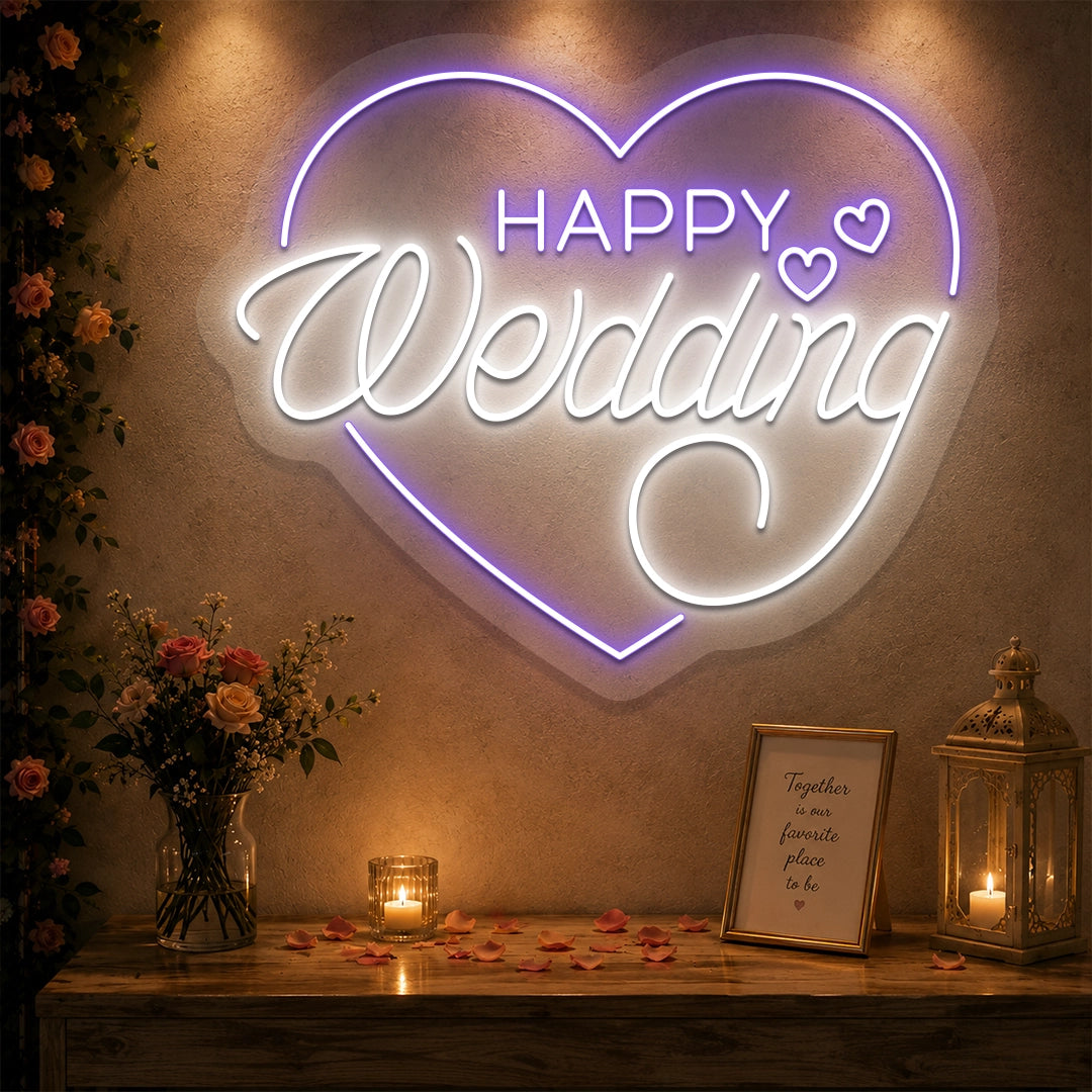 Happy Wedding Glow Neon Sign in Purple color