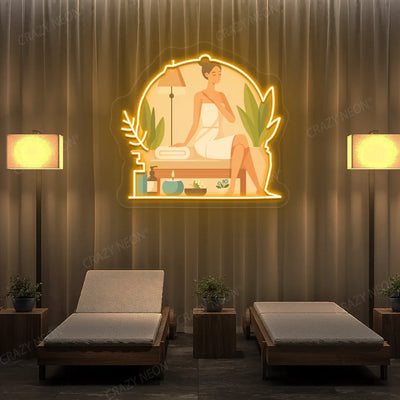 Spa Lounge Neon Artwork lighting up in orange color in a spa room