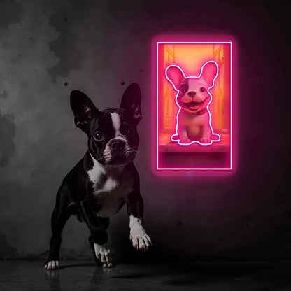 Happy French Bulldog Neon Artwork in Pink Color