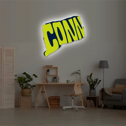 Connecticut map backlit metal wall art vinyl print with warm white LED glow