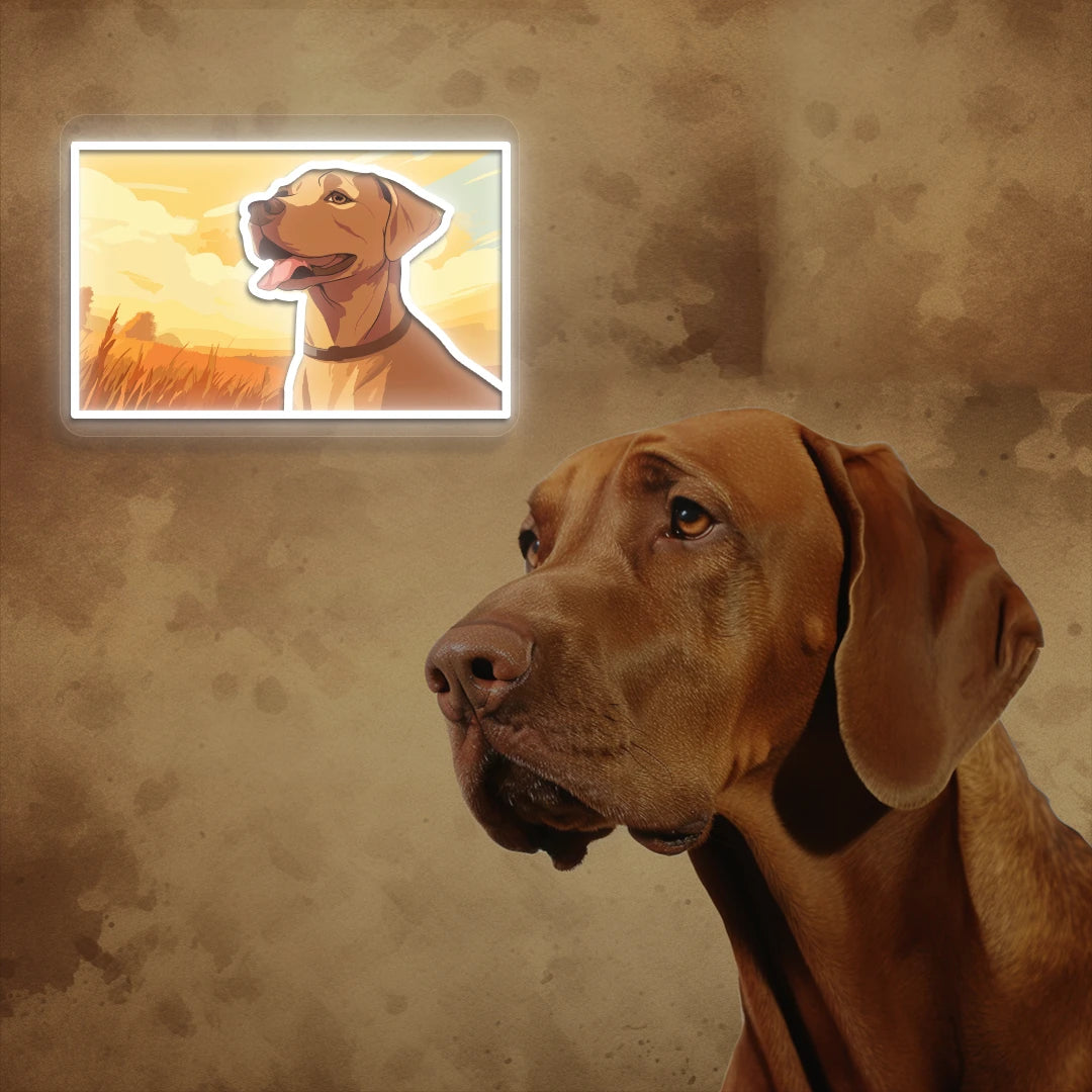 Sunset Field Vizsla Dog Neon Artwork in White color