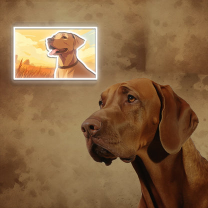 Sunset Field Vizsla Dog Neon Artwork in White color