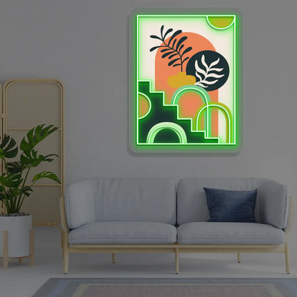 Boho Botanical Staircase Abstract Neon Artwork in Green color