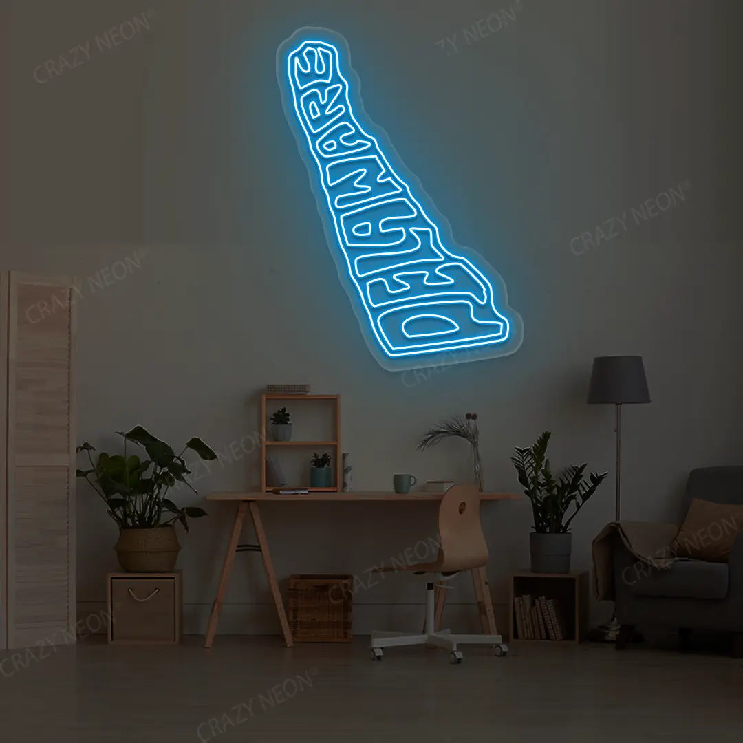DELAWARE Map Neon Sign lighting up in iceblue color in a room