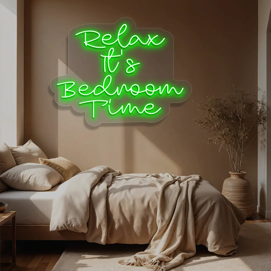green relax its bedroom time neon sign mounted on a wall
