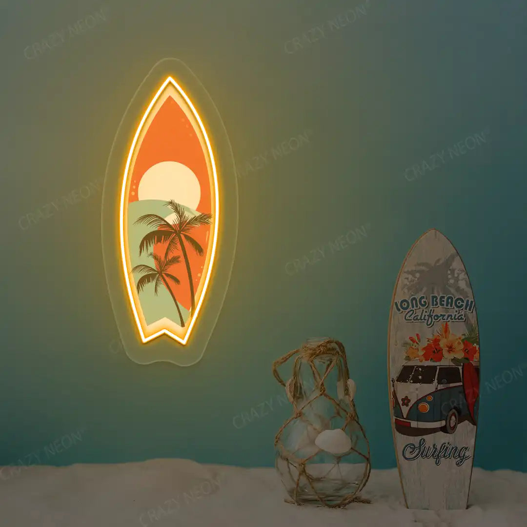 orange tropical surfboard neon artwork mounted on a wall