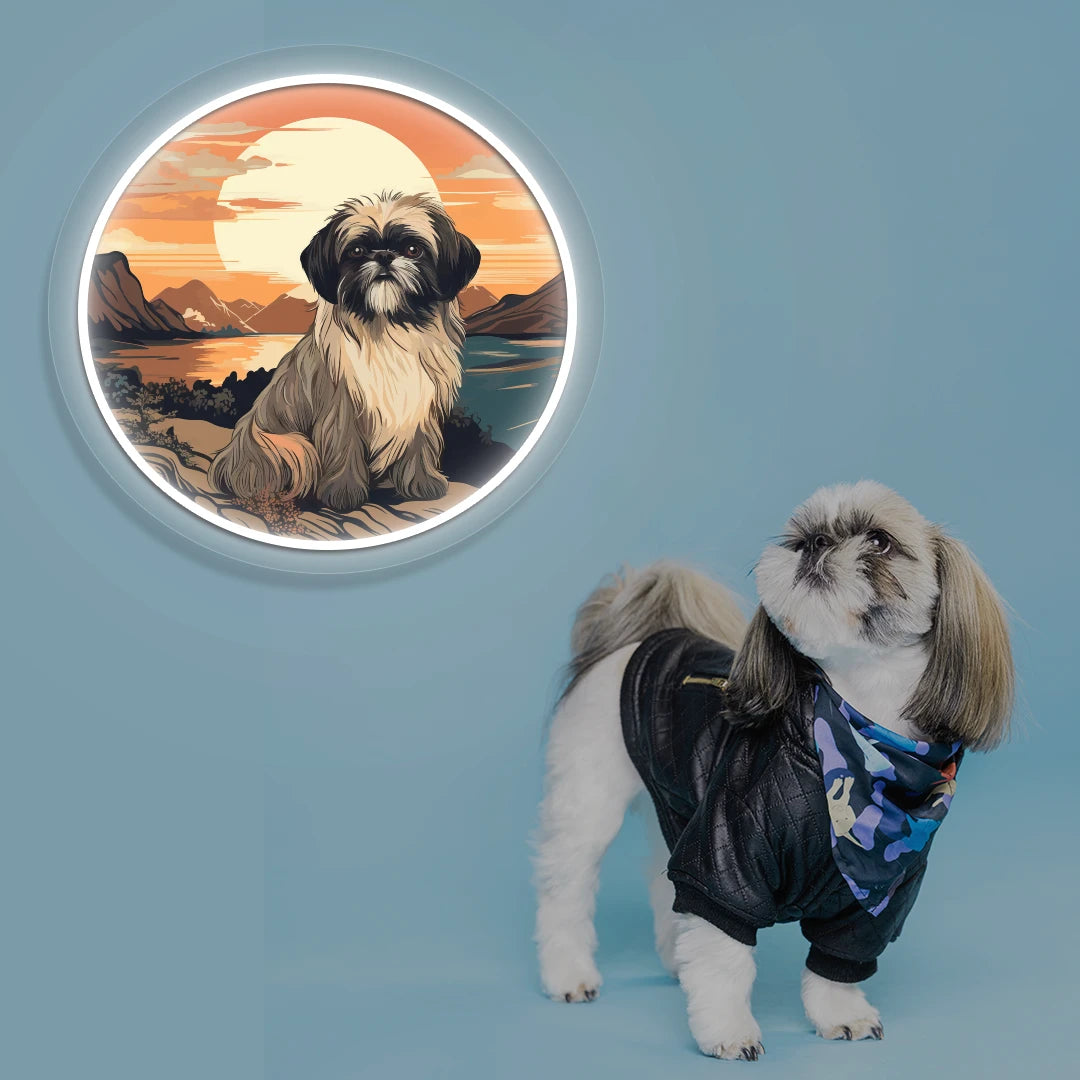 Sunset Lake Shih Tzu Portrait Neon Artwork in white color
