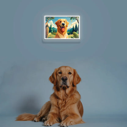 Mountain Trail Golden Retriever Portrait Neon Artwork in white color