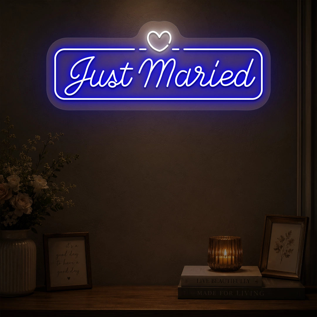 Just Married Heartbound Wedding Neon Sign in Blue color