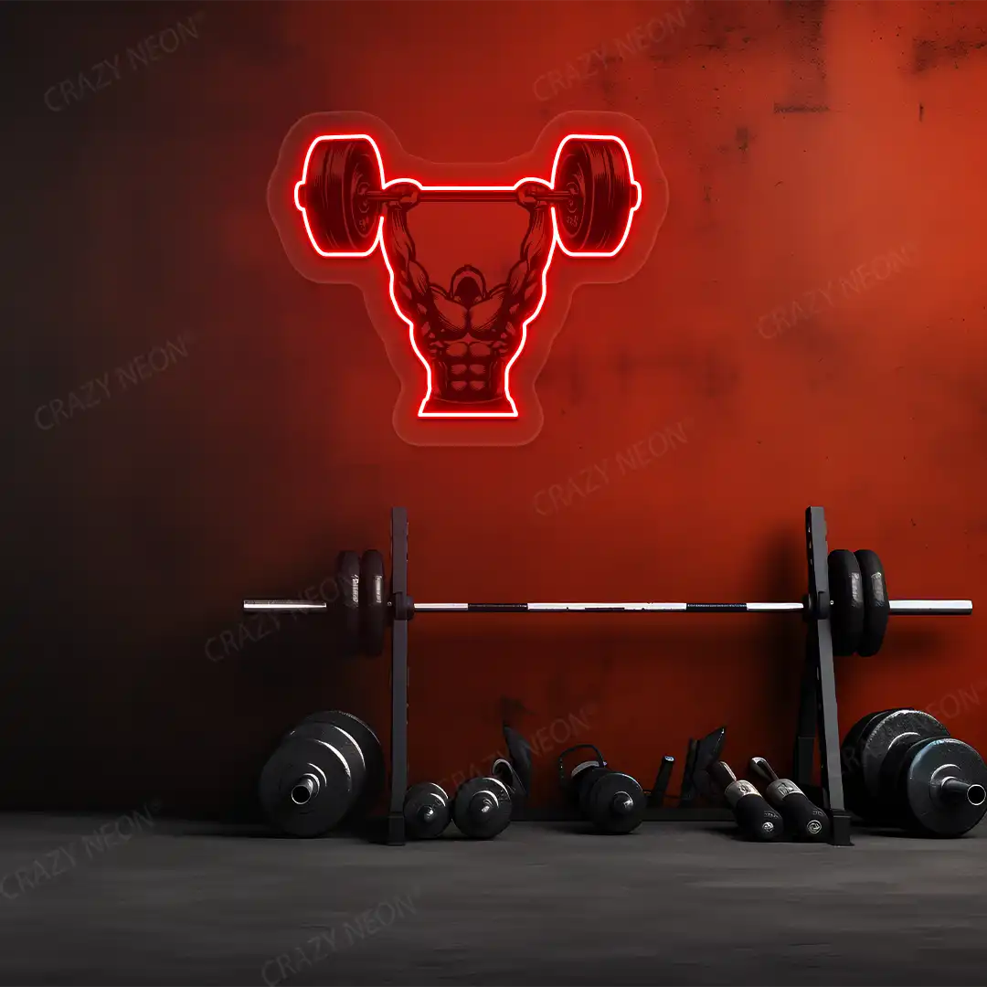 red barbell overhead press gym neon artwork mounted on a wall 