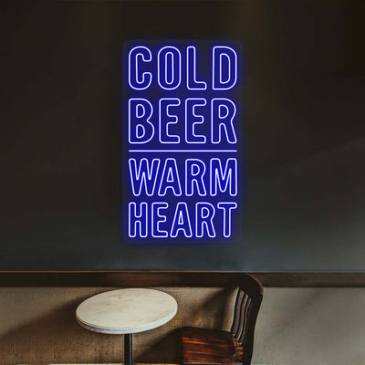 blue cold beer warm heart bar neon sign mounted on a wall 
