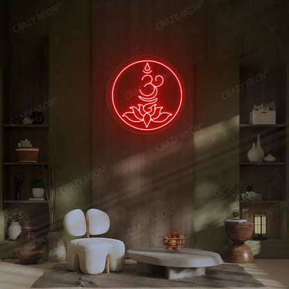 Om Lotus Neon Sign lighting up in red color in a yoga room