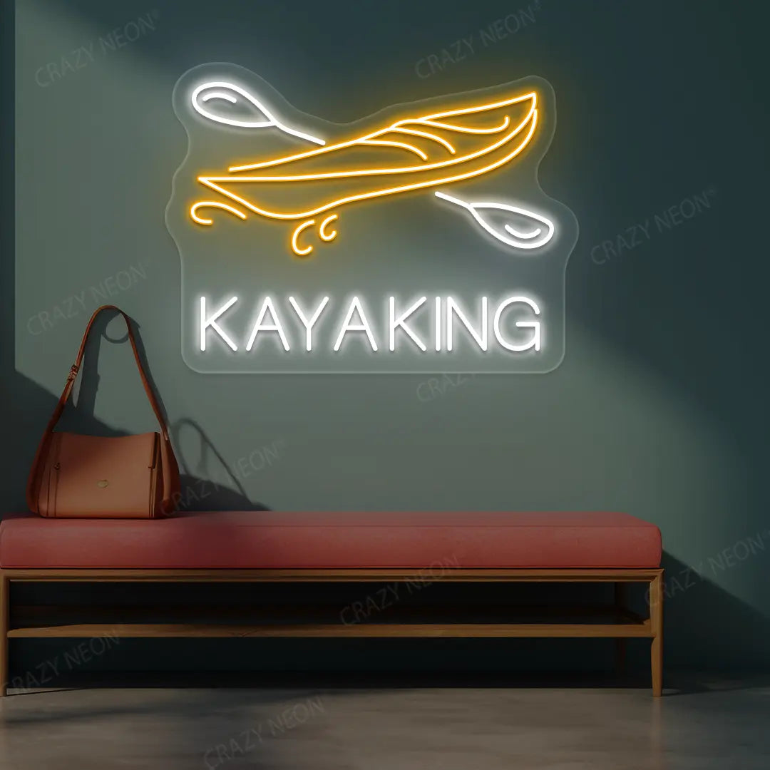 orange and white kayaking boat neon sign mounted on a wall