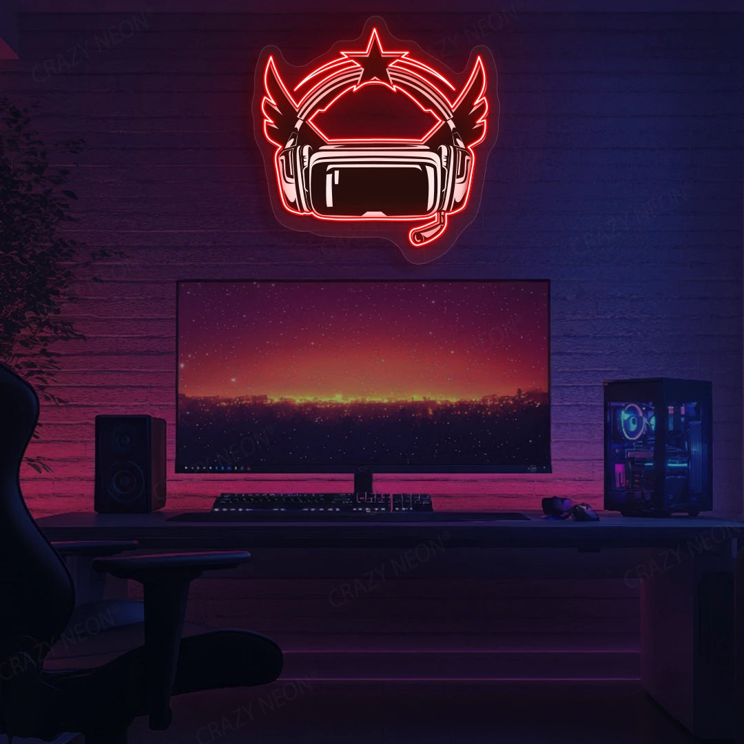 VR Powered Headphone Neon Artwork in Red color
