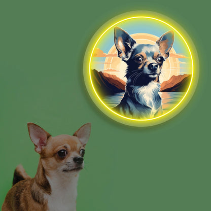 Sunset Lake Chihuahua Portrait Neon Artwork in yellow color