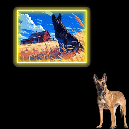 Golden Field German Shepherd Farm Neon Artwork in Yellow Color