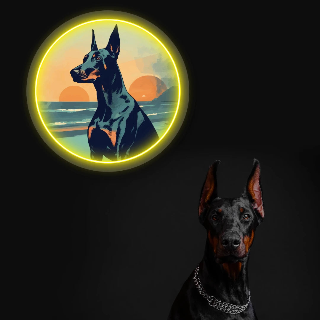 Twin Sunset Beach Doberman Neon Artwork in yellow color