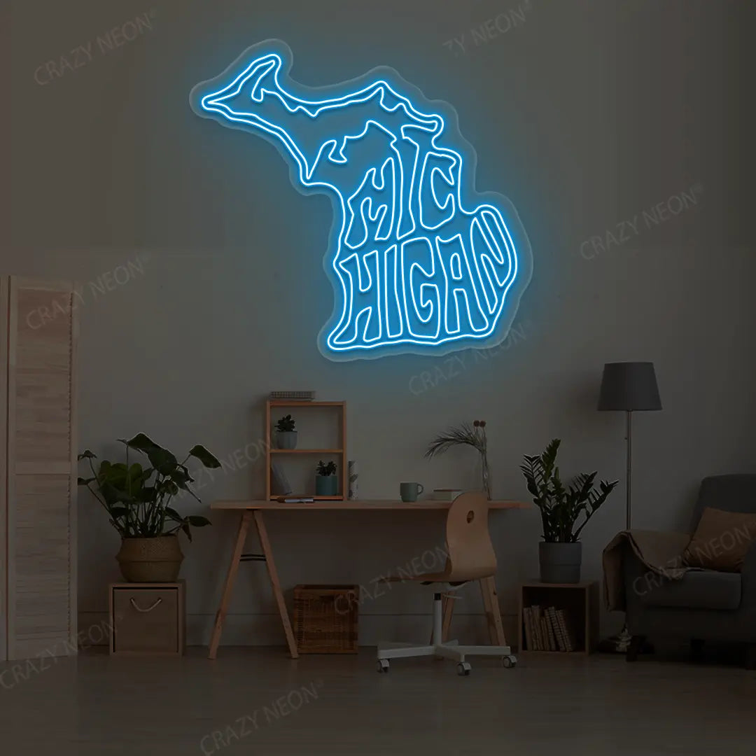 MICHIGAN Map Neon Sign lighting up in iceblue color in a room