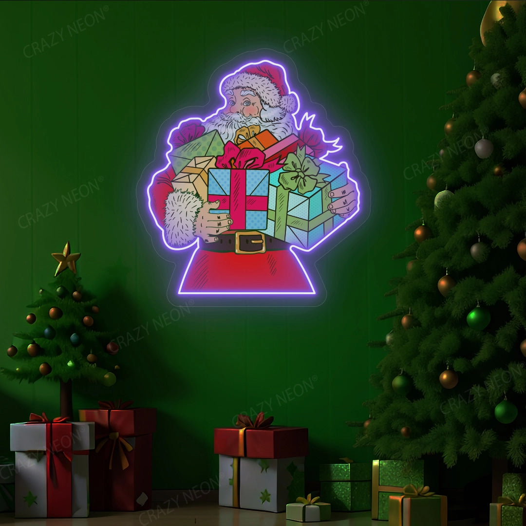 Santa Claus With Gift Neon Sign | Purple 