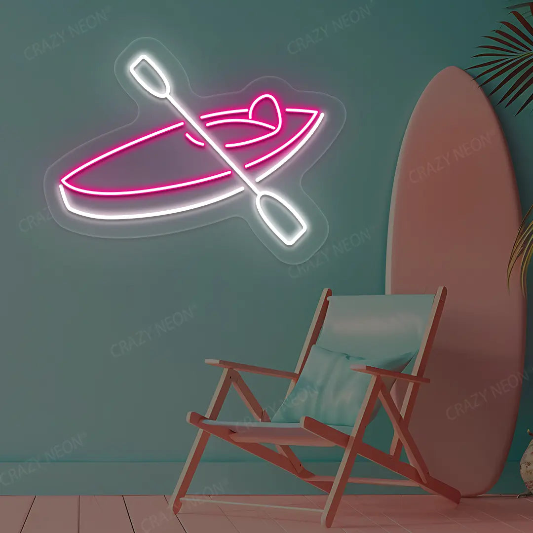 pink and white boat paddle neon sign mounted on a wall