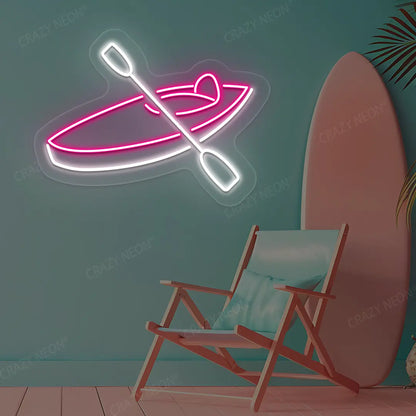 pink and white boat paddle neon sign mounted on a wall
