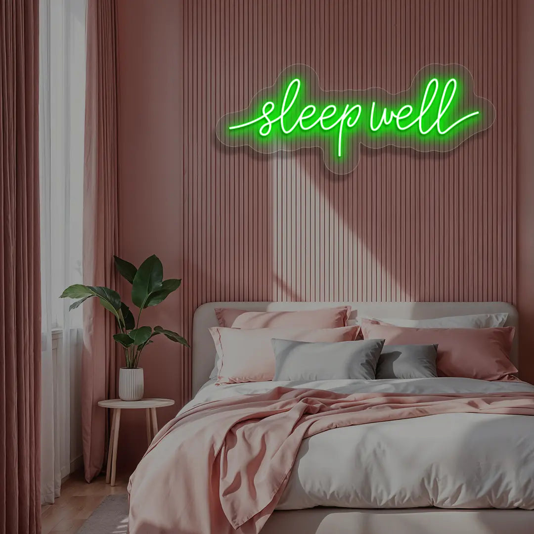 green sleepwell neon sign mounted on a wall