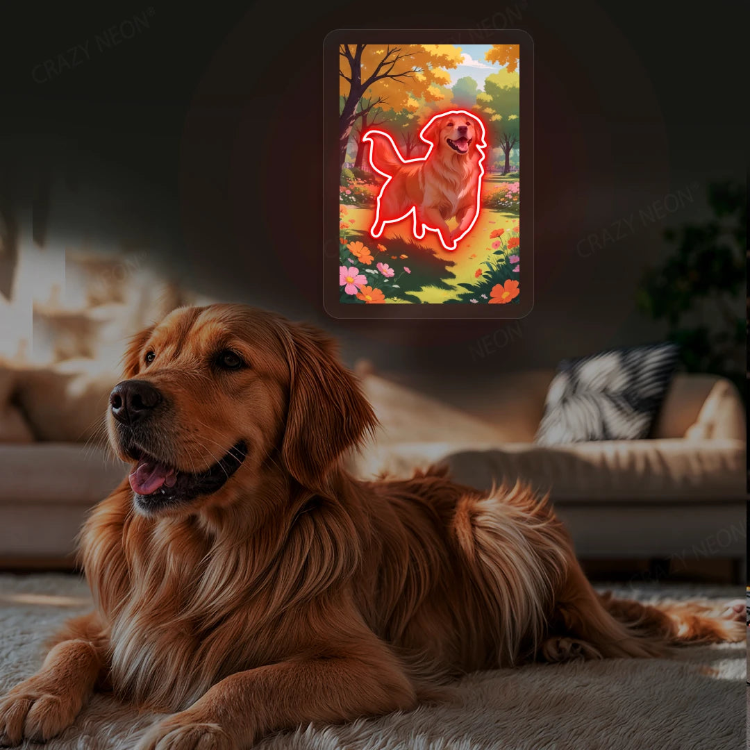 Golden Retriever Garden Portrait Neon Artwork in red Color